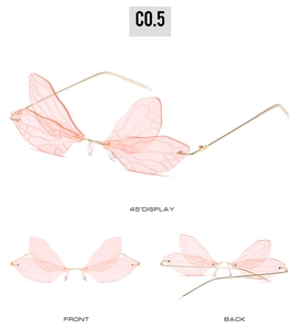 Steampunk dragonfly wing sunglasses with pink gradient lenses and gold frames in multi-view