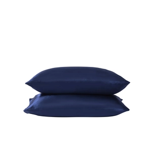 Set of two navy blue satin pillowcases with smooth glossy finish on white background