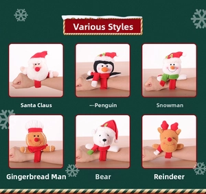 Close-up of 6 plush Christmas slap bracelets including Santa, Snowman and Reindeer styles
