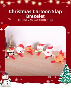 Close-up of Christmas cartoon plush snap bracelets featuring Santa, snowman and reindeer