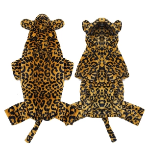 Detailed plush leopard print pet onesie showing front and back view on white background