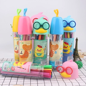 Detail of washable watercolor pens in transparent cases with cute duck character lids