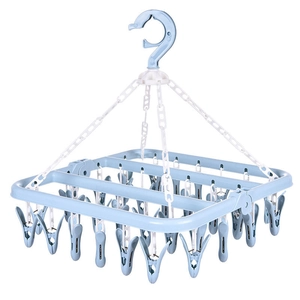 Blue foldable plastic drying rack with 32 clips for socks and underwear clothes