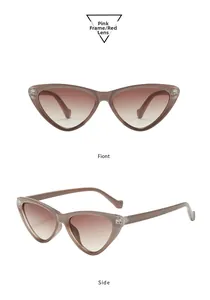 Detailed front and side view of pink cat-eye sunglasses with red gradient lenses