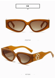 Detail of tortoise shell cat eye sunglasses with golden S logo and gradient tea lenses