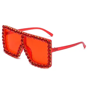 Oversized red square sunglasses with luxury crystal rhinestones and tinted lenses