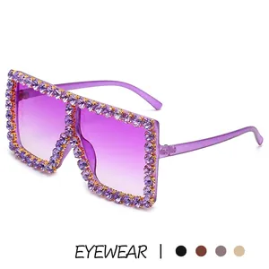 Luxury oversized square sunglasses with purple gradient lenses and sparkling rhinestones