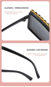 Detail of reinforced metal hinges and curved temples on oversized rhinestone sunglasses