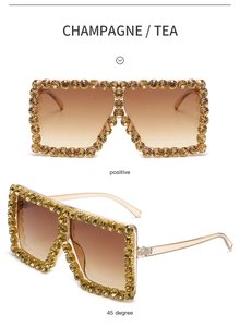 Detailed views of oversized champagne square sunglasses with shimmering rhinestone frames