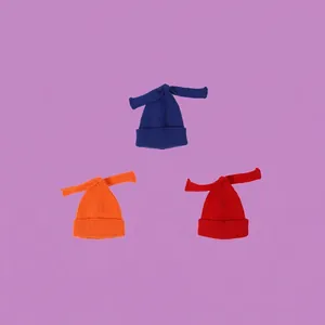 Kids warm knit beanies with long bow accents in navy blue, bright orange, and red