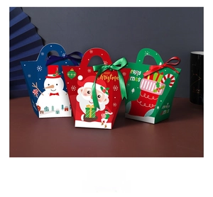 Three-color Christmas gift paper bags with Santa patterns and silk ribbon bows