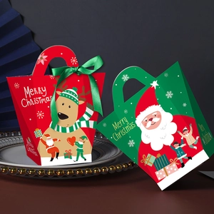 Red reindeer and green Santa Claus paper gift boxes with festive ribbons and handles