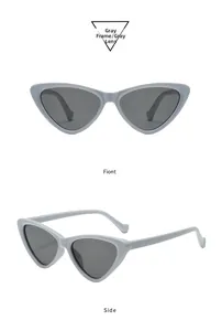 Detail view showing front and side angles of gray cat eye trendy fashion sunglasses