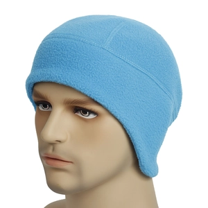 Close-up of blue fleece cycling cap showing warm material and reinforced stitching