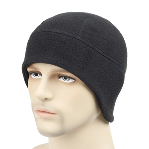 Detail of black fleece cycling cap featuring ear protection and multi-panel stitching