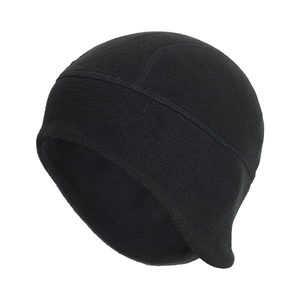 Detailed view of black fleece winter sports cap with ergonomic ear protection curves