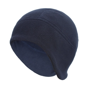 Detailed view of windproof ear-protection fleece hat in navy blue for winter sports