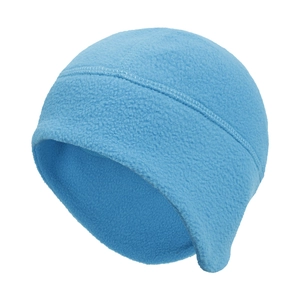 Detail of blue fleece winter hat showing warm texture and ear protection stitching