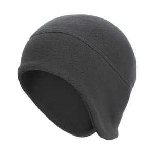 Detail of dark grey fleece winter cap with ear protection and warm windproof texture