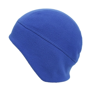 Detail view of blue fleece beanie featuring reinforced stitching and ear protection