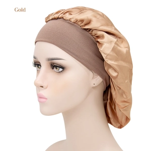 Elastic wide band gold satin bonnet for hair protection and night sleeping