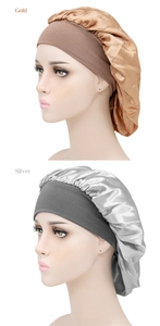 Dual view of satin hair bonnets in gold and silver showing wide elastic bands