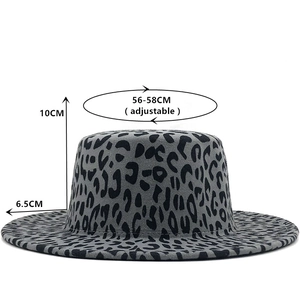 Flat top leopard print wool fedora hat with a 6.5cm wide brim and 10cm crown height
