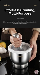 Detailed view of SUS304 stainless steel mortar and pestle with clear anti-splash lid