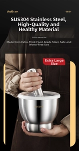 Close-up of extra large SUS304 stainless steel mortar and pestle for crushing garlic