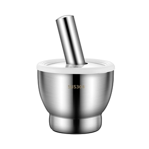 SUS304 stainless steel mortar and pestle set with white lid and brushed metal finish
