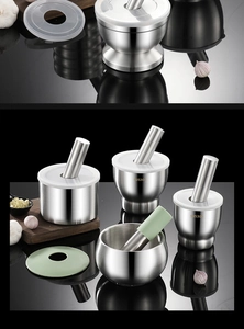 Three premium SUS304 stainless steel mortar and pestle sets with ergonomic lids and grips