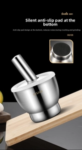 Detail of 304 stainless steel mortar with anti-slip base on a wooden tray