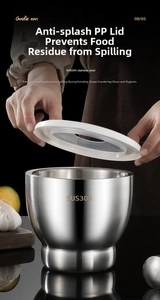 Detail view of SUS304 stainless steel mortar with anti-splash PP lid for kitchen grinding