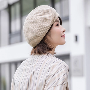 Chic beige and brown plaid beret hat with vintage houndstooth pattern for women