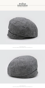 Close-up of black and white houndstooth pattern on a knitted wool beret hat