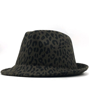 Olive green leopard print wool felt fedora with rolled brim for men and women