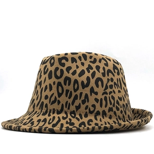 Detail view of leopard print wool fedora hat with a stylish curled brim and felt texture