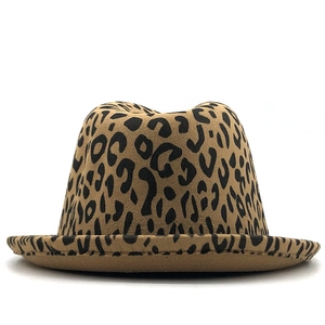 Close-up of a classic leopard print wool felt fedora hat with rolled brim for autumn