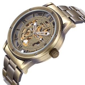 Vintage bronze skeleton automatic mechanical watch for men with Roman numeral dial