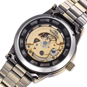 Men's skeleton mechanical watch with vintage brushed metal finish and exhibition case back