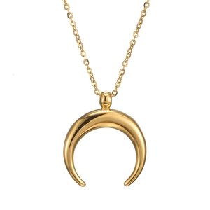 Polished gold crescent moon pendant necklace with delicate O-chain on white background