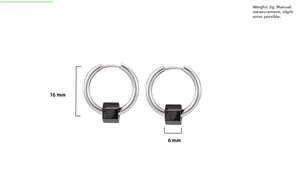 Détail de boucles d'oreilles 16mm en acier inoxydable avec pendentif cube noir et mesures