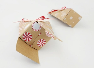 Gros plan de la boîte à bonbons triangulaire en papier kraft avec ruban rouge et motifs