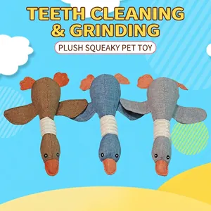 Flat plush squeaky duck pet toy for dogs in brown blue and grey colors