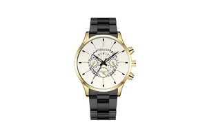 Detailed close-up of a men's business quartz watch with three-link metal strap and beige dial
