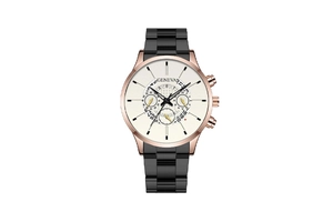 Close-up of Geneva men's quartz watch with rose gold case and black stainless steel band
