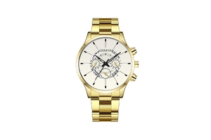 Macro detail of Geneva men's watch featuring a golden steel strap and white three-eye dial