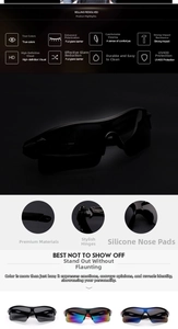 Detail of sports sunglasses featuring UV400 polarized lenses and reinforced hinges