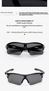 Detail view of internal hinge and black frame of sports cycling sunglasses