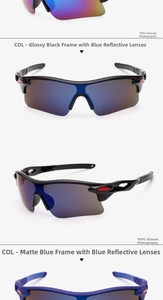 Macro view of polarized sport sunglasses with glossy black and matte blue frames